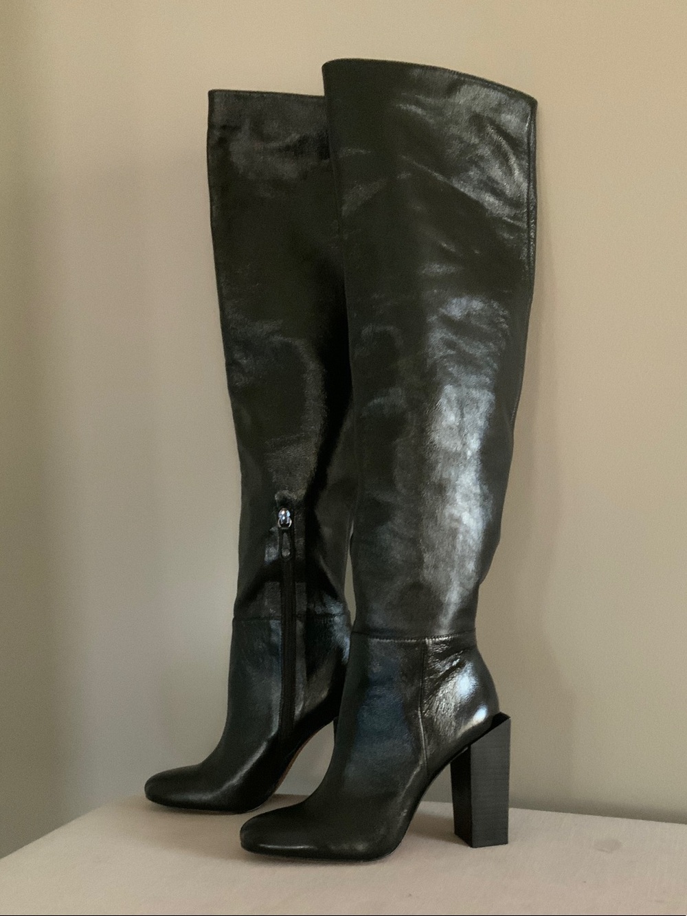 BCBGMaxAzria Black Over-the-Knee Leather Boots with Block Heel